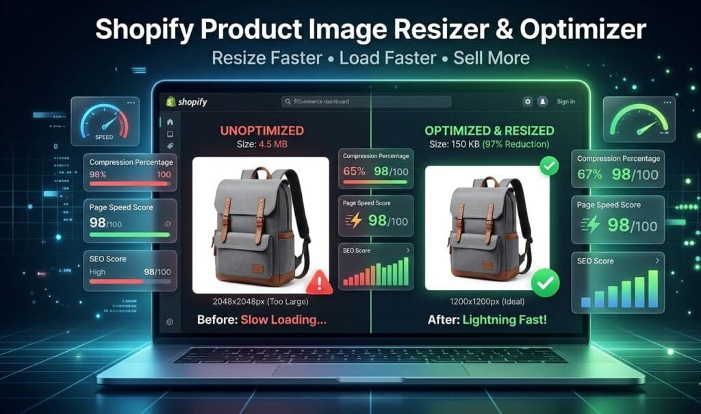 Shopify Product Image Resizer and Optimizer dashboard showing a large unoptimized product image transformed into a compressed, fast-loading image with file size reduction, SEO score improvements, and page speed optimization metrics on a futuristic eCommerce interface.