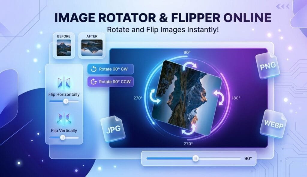 Modern online image rotator and flipper tool interface with rotate arrows and mirror flip controls
