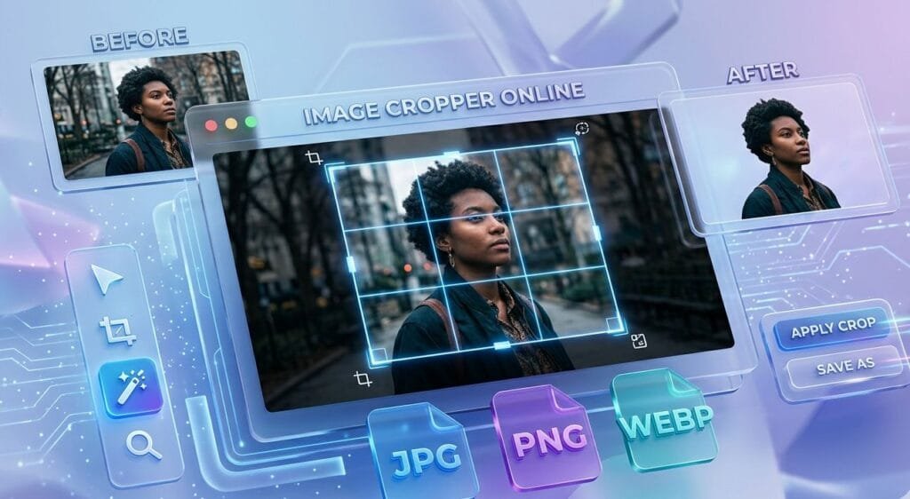 Modern online image cropper tool interface with crop selection handles and photo editing controls